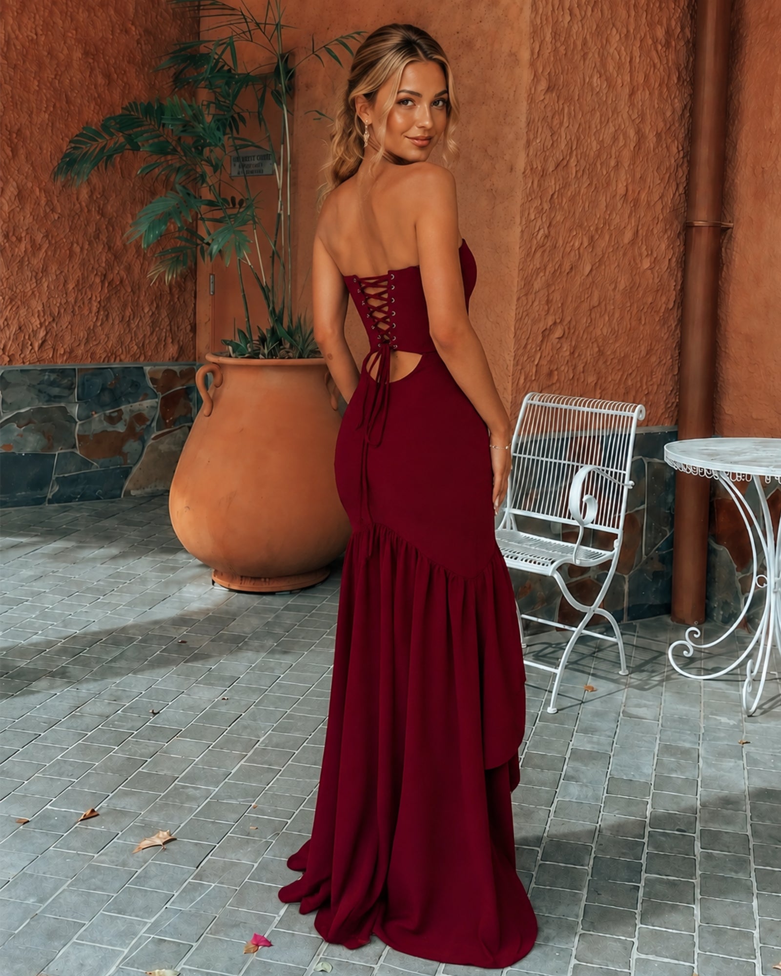 Strapless Satin High-Low Prom Dress with Ruffled Hem and Lace-Up Back - product image 3