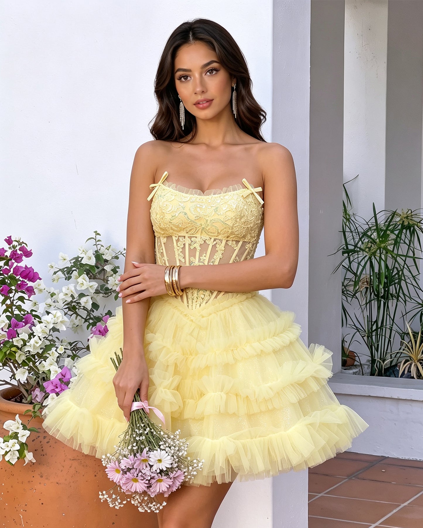 Spaghetti Strap Floral Lace Corset Tiered Tulle Mini Homecoming Dress - three-quarter front view