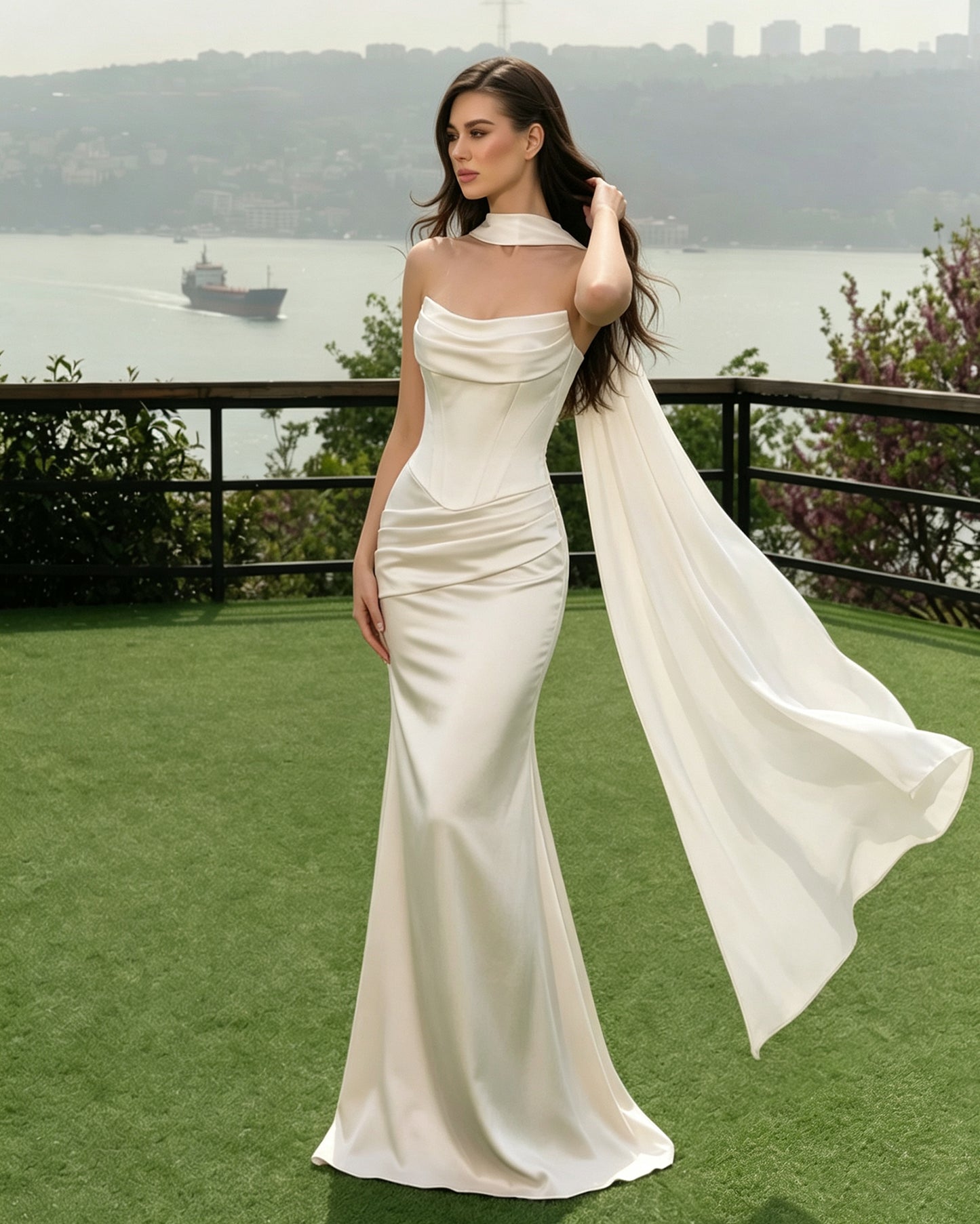 ivory satin corset mermaid bridesmaid dress with cowl neck and dramatic scarf - image 3