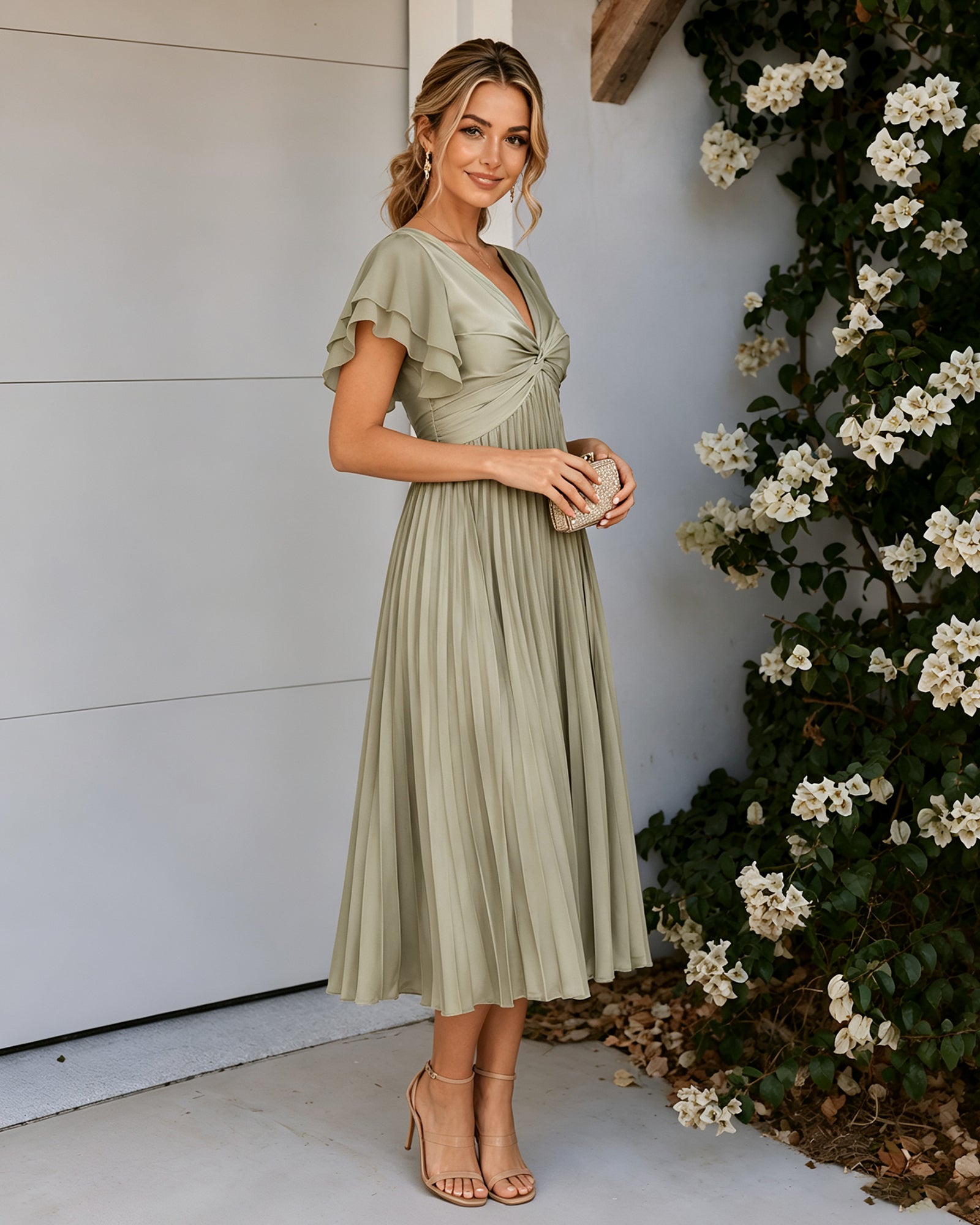 sage green pleated chiffon midi bridesmaid dress with flutter sleeves and twist front - image 3