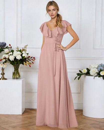 tie neck chiffon bridesmaid dress with flutter sleeves - image 3