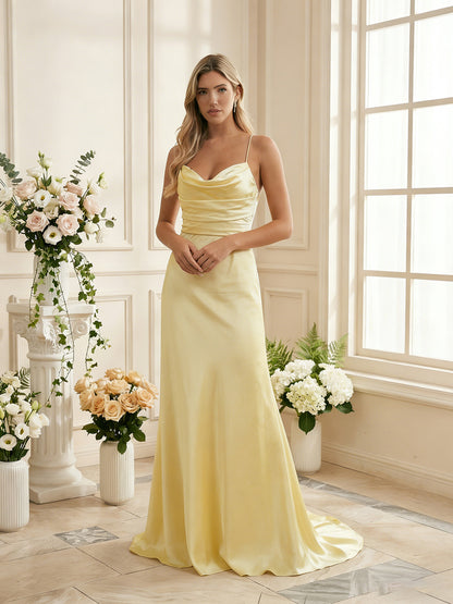 one shoulder satin bridesmaid dress with ruched waist and sweep train - image 3