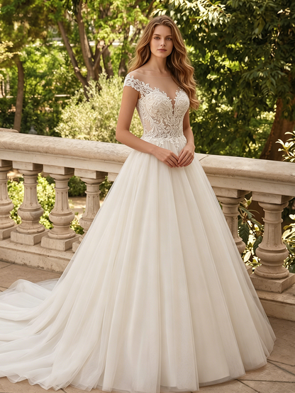 spaghetti strap lace tulle ball gown wedding dress with floral bodice - image 3
