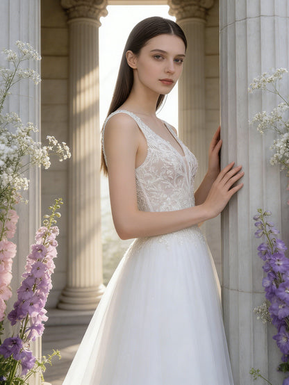 sleeveless V-neck tulle wedding dress with lace bodice and full skirt - image 3