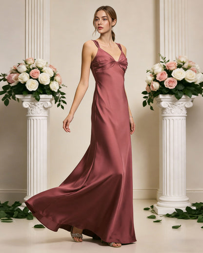 satin cowl neck bridesmaid dress with spaghetti straps and bias cut - image 4