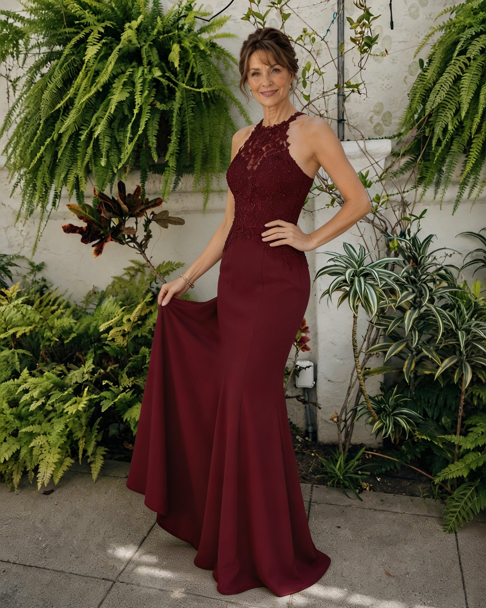 Halter Lace Bodice Mermaid Mother of the Bride Dress - movement view of flared mermaid hem
