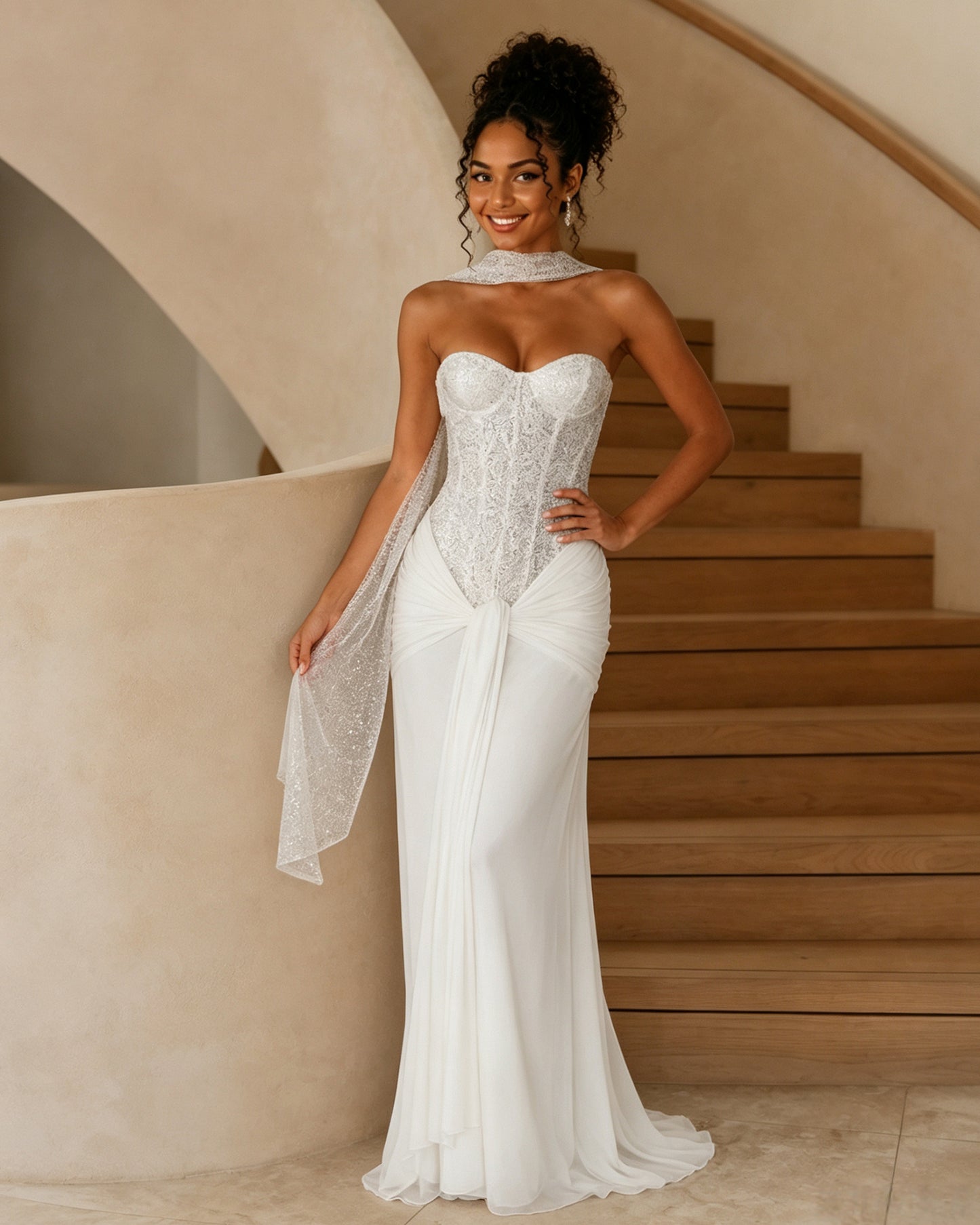 strapless sequin corset jersey prom dress with draped scarf detail - image 3