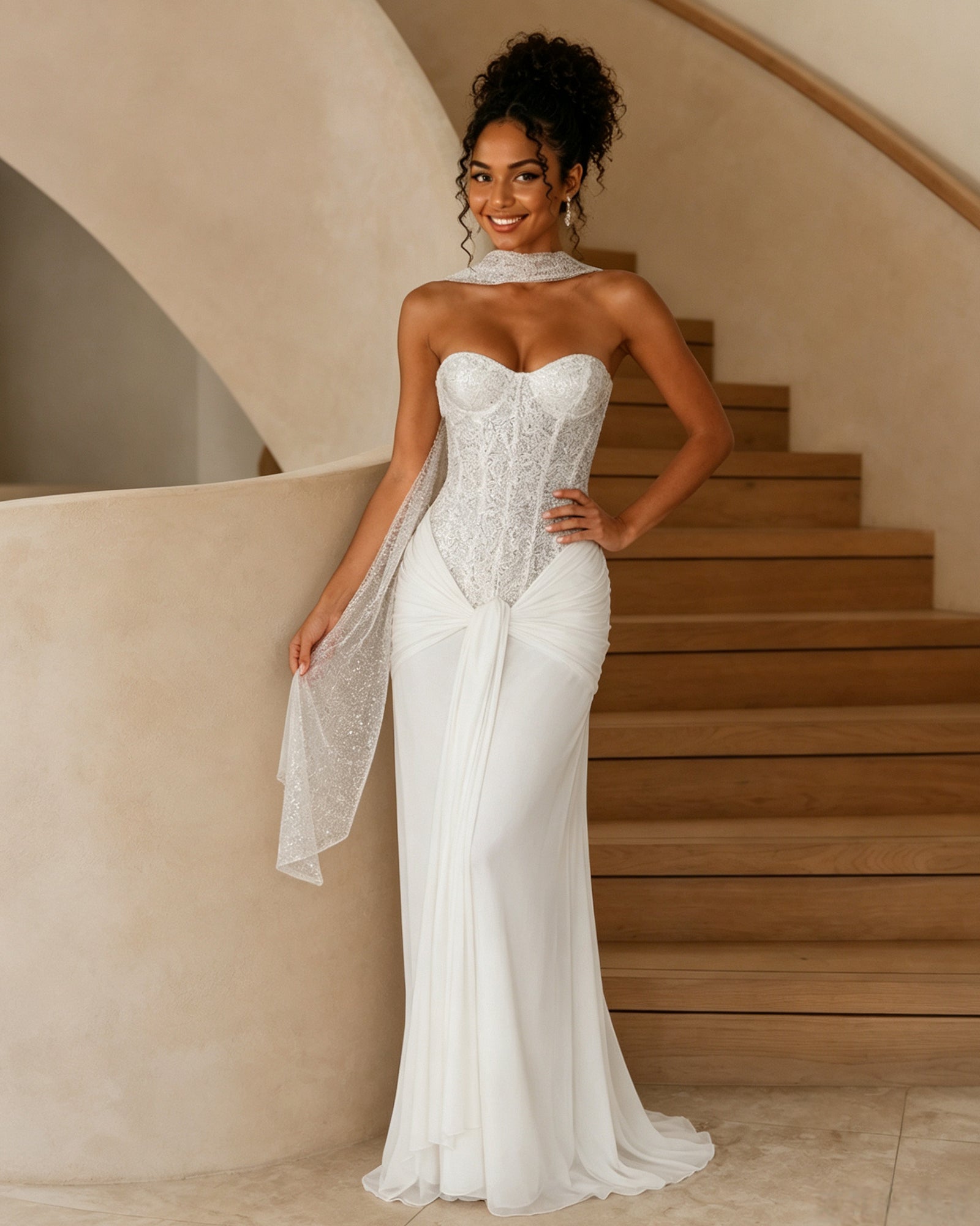 strapless sequin corset jersey prom dress with draped scarf detail - image 3