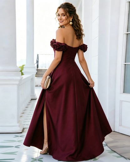 off shoulder floral sleeve satin formal dress with side slit - image 3