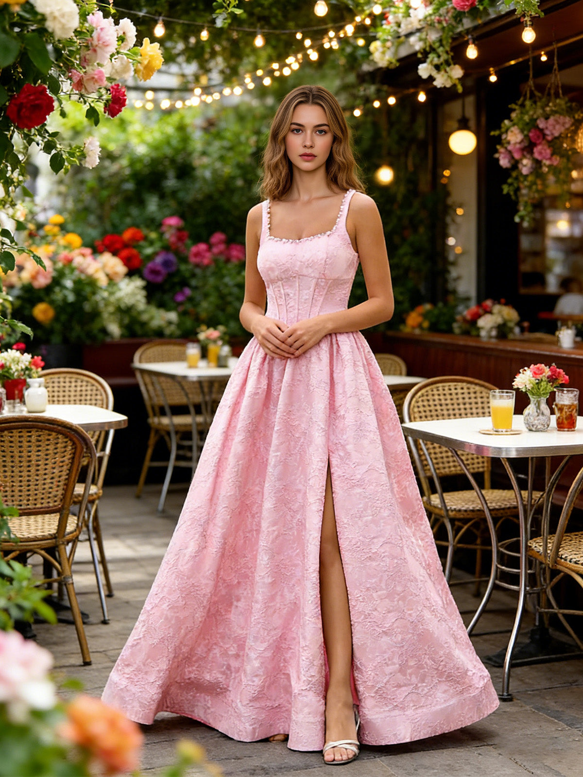 pink square neck jacquard ball gown prom dress with wide straps - image 3