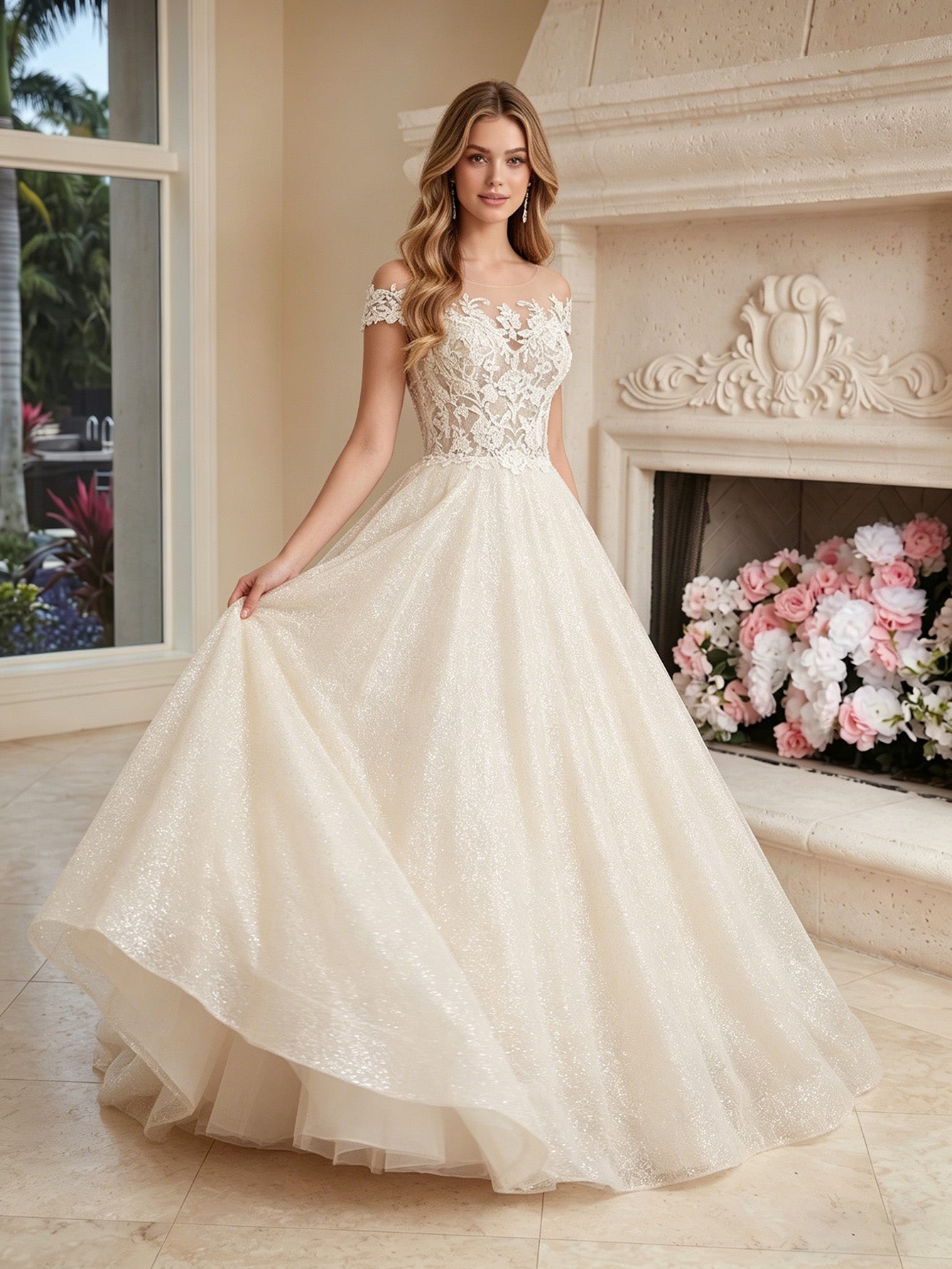 off shoulder lace tulle ball gown wedding dress with sweetheart neckline - image 3