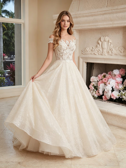 off shoulder lace tulle ball gown wedding dress with sweetheart neckline - image 3
