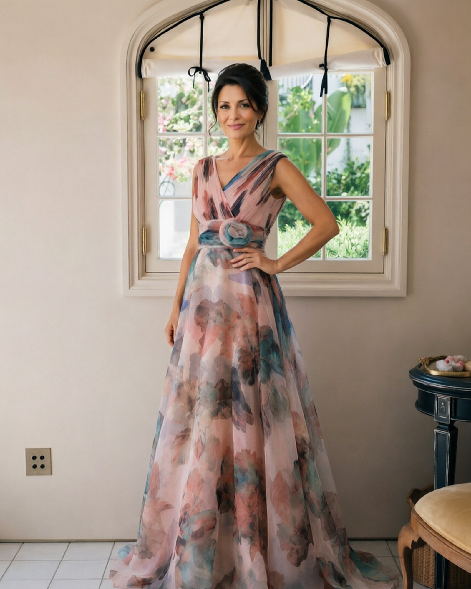 Floral Print V-Neck Chiffon Mother of the Bride Dress with Rosette Sash - three-quarter front view of A-line dress
