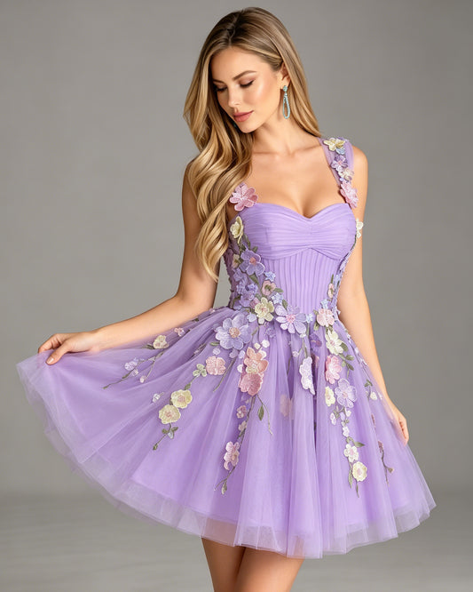 embroidered floral applique tulle A-line homecoming dress - view 3