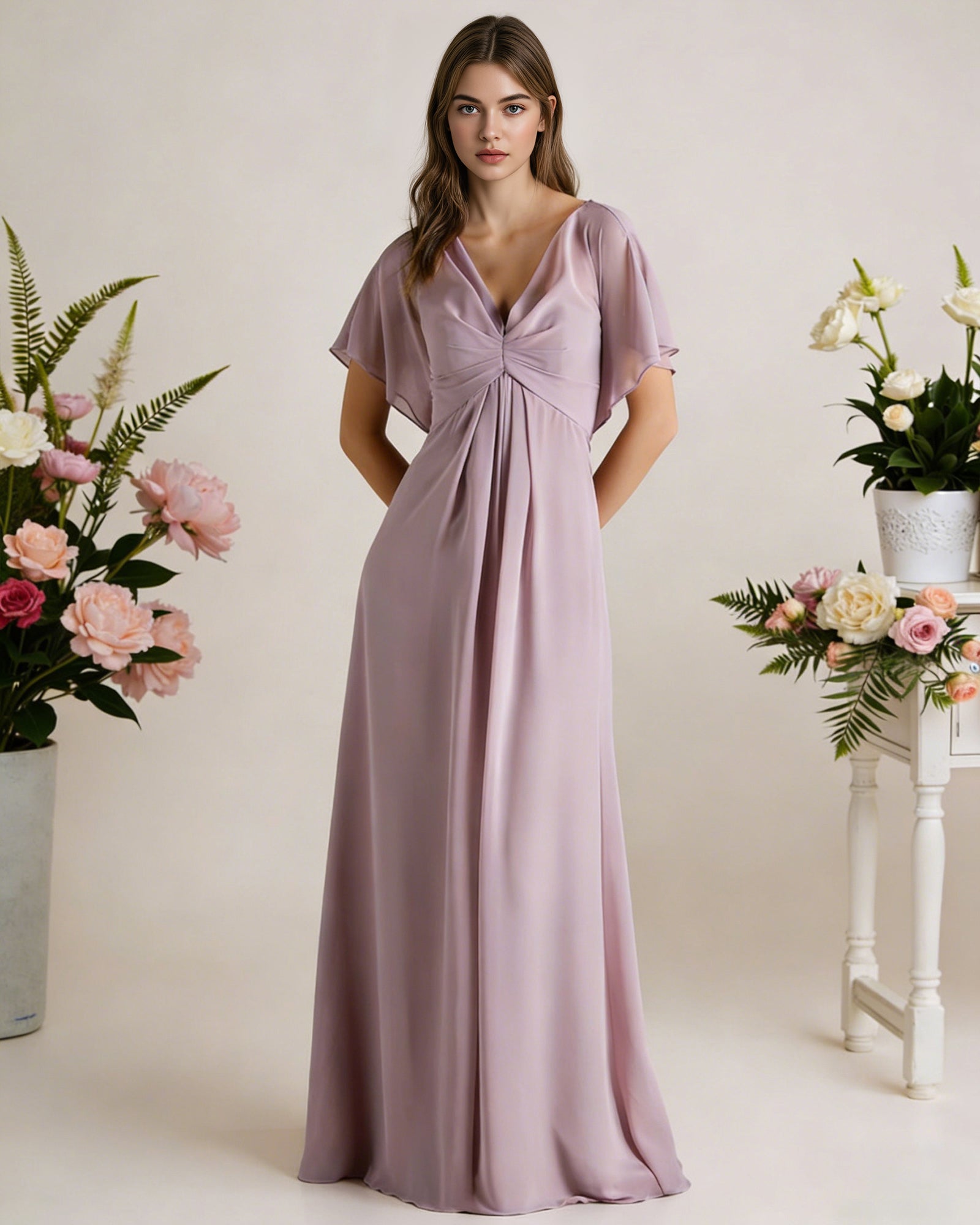 short sleeve V-neck chiffon bridesmaid dress with gathered waist - image 3