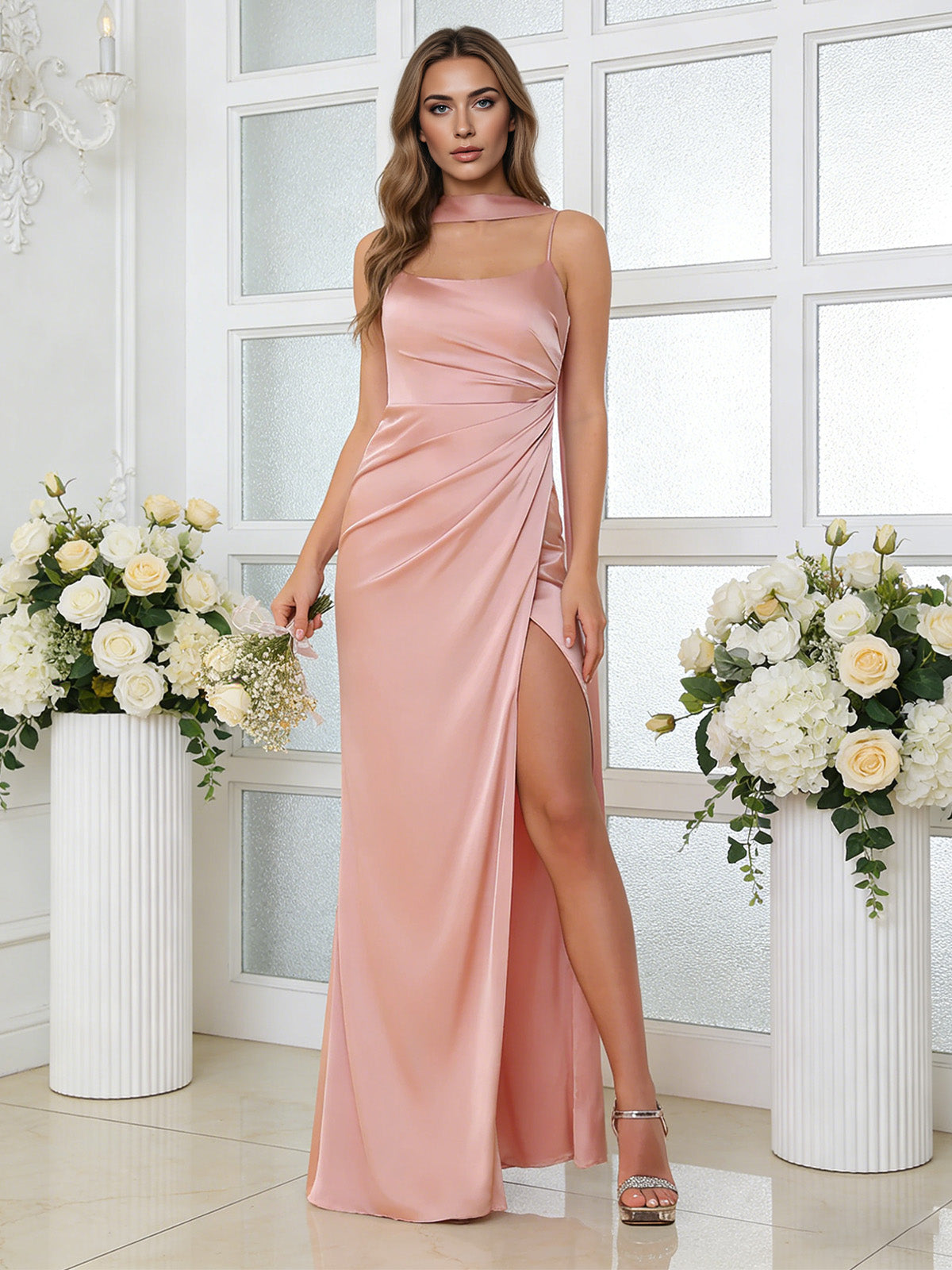 one shoulder satin bridesmaid dress with ruched draped skirt - image 3