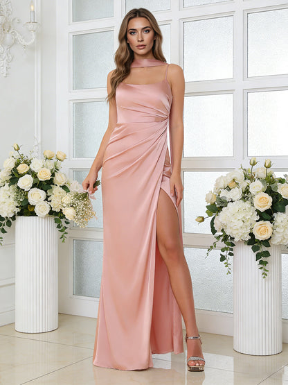 one shoulder satin bridesmaid dress with ruched draped skirt - image 3