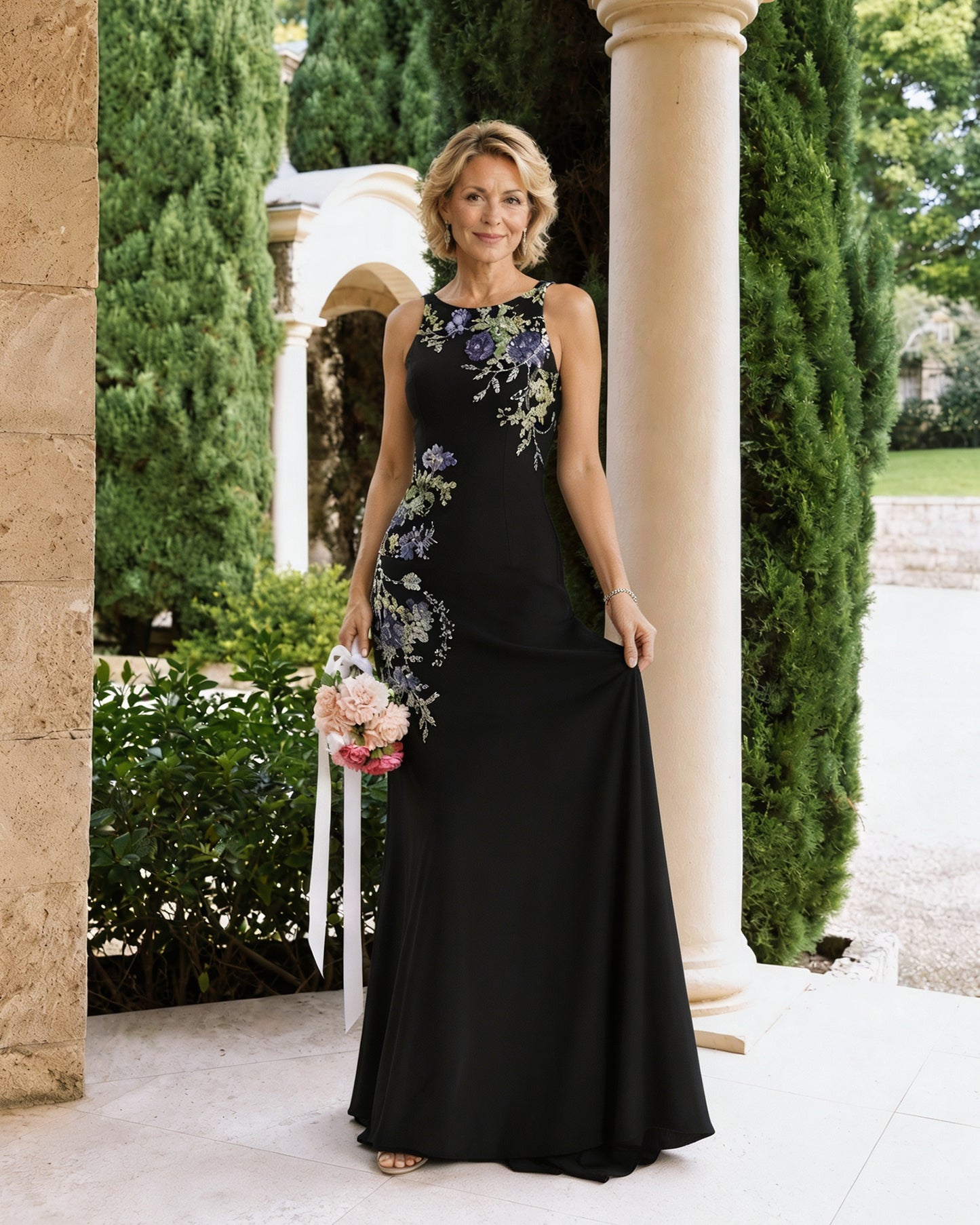 Floral Embroidered Halter Mother of the Bride Dress with Statement Train - movement view of fitted silhouette
