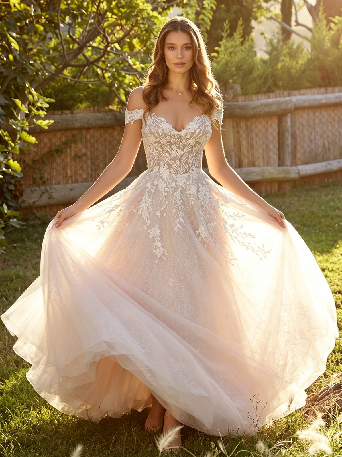 spaghetti strap lace tulle A-line wedding dress with floral applique - image 3