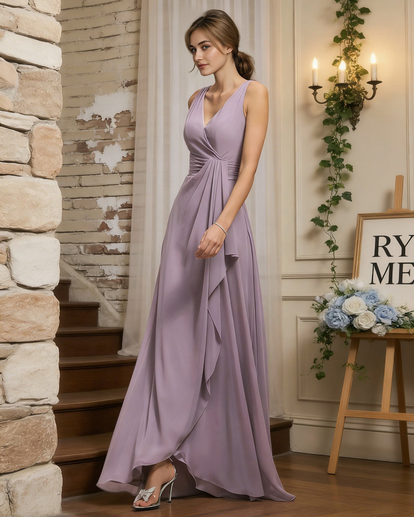 halter V-neck chiffon bridesmaid dress with draped sash waist - image 4