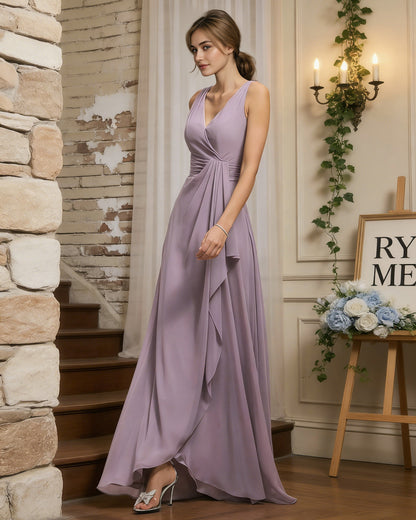 halter V-neck chiffon bridesmaid dress with draped sash waist - image 4