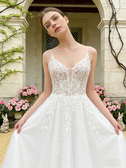 spaghetti strap lace tulle ball gown wedding dress with V-neck bodice - image 3