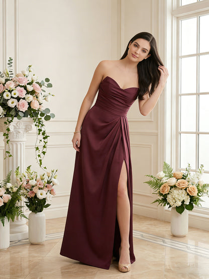 strapless pleated satin bridesmaid dress with side slit - image 3