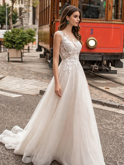 V-neck lace tulle A-line wedding dress with spaghetti straps - image 3