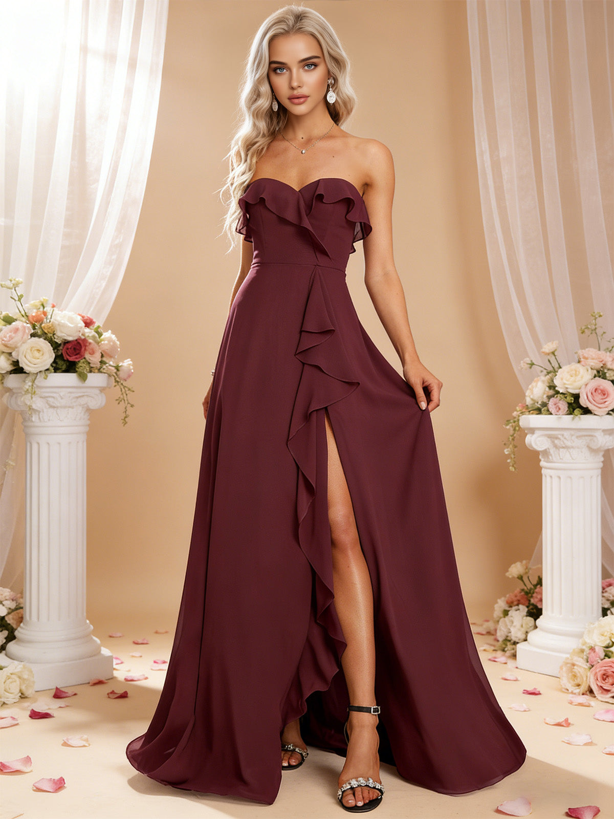 strapless chiffon bridesmaid dress with bow bodice and front slit - image 3