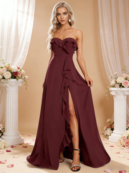 strapless chiffon bridesmaid dress with bow bodice and front slit - image 3