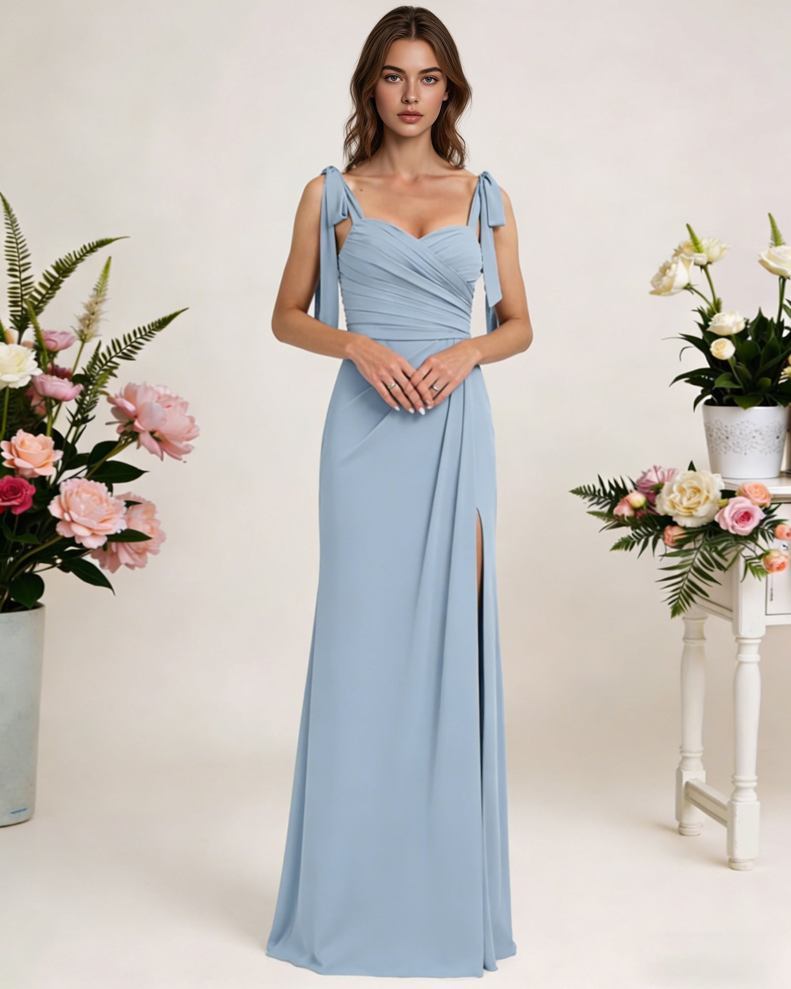 tie strap chiffon bridesmaid dress with square neck and high slit - image 3