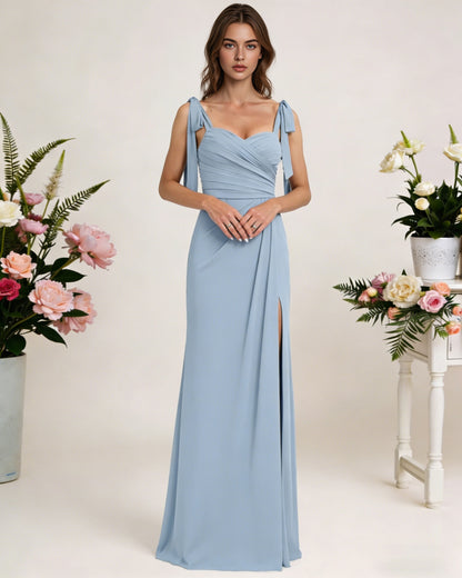 tie strap chiffon bridesmaid dress with square neck and high slit - image 3
