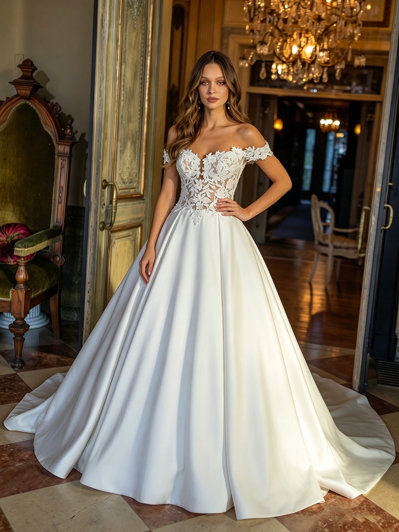 off shoulder satin ball gown wedding dress with beaded lace bodice - image 3