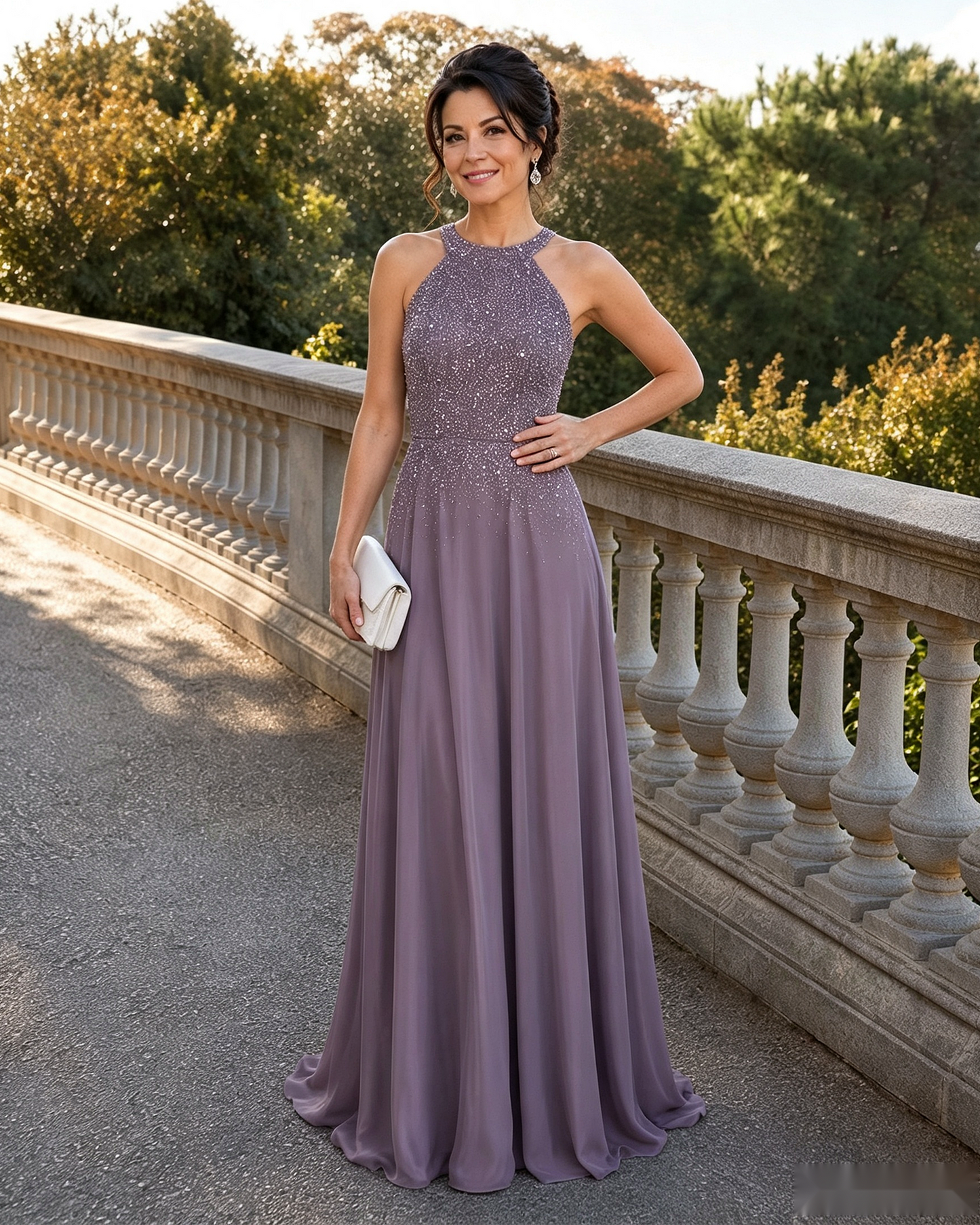Halter Neck Sequin Chiffon A-Line Mother of the Bride Dress - three-quarter front view