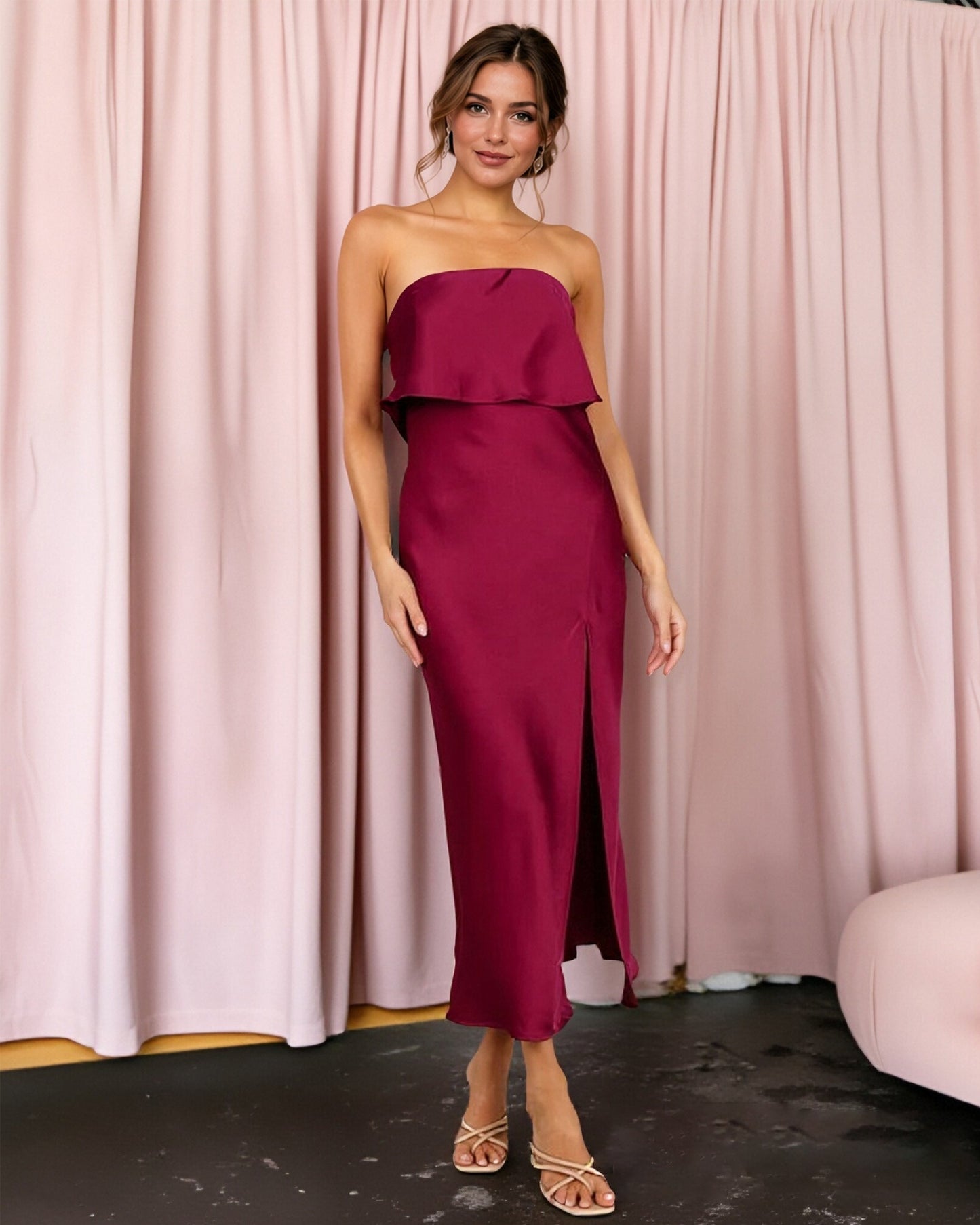 burgundy strapless ruffle overlay satin midi formal dress with side slit - front view - image 3