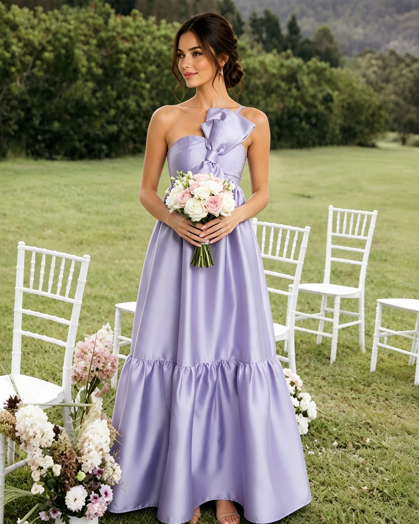 one-shoulder satin a-line bridesmaid dress with statement ruffle - bridal party styling view
