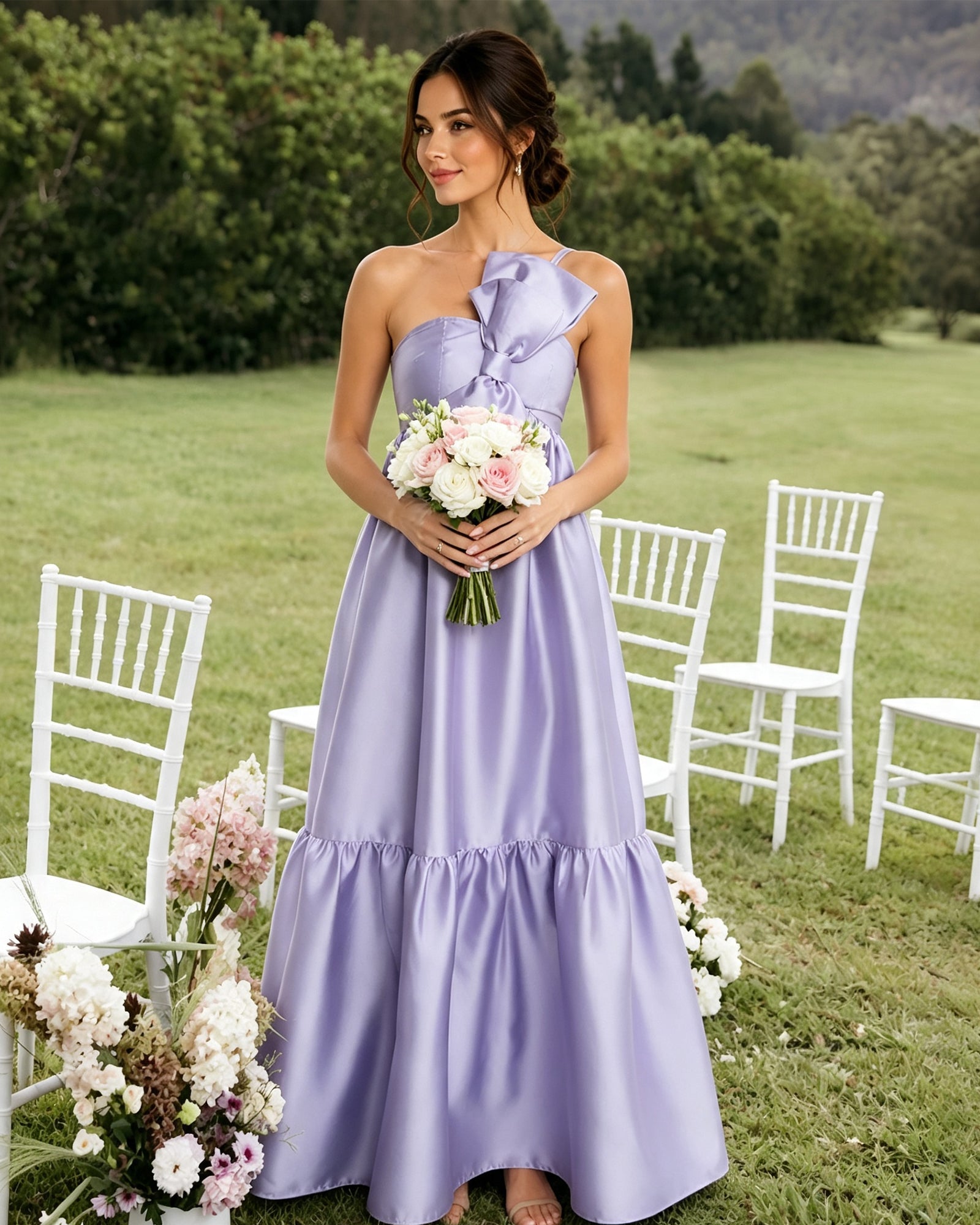 one-shoulder satin a-line bridesmaid dress with statement ruffle - bridal party styling view