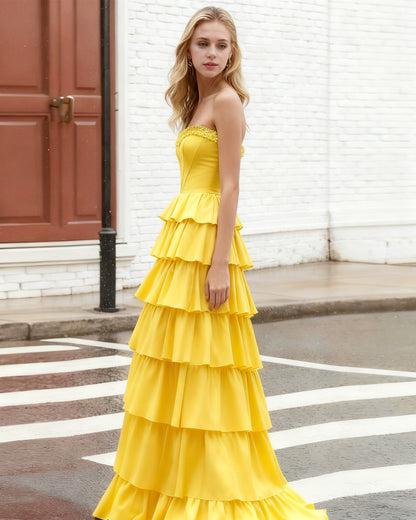 strapless yellow tiered ruffle A-line prom dress - image 3