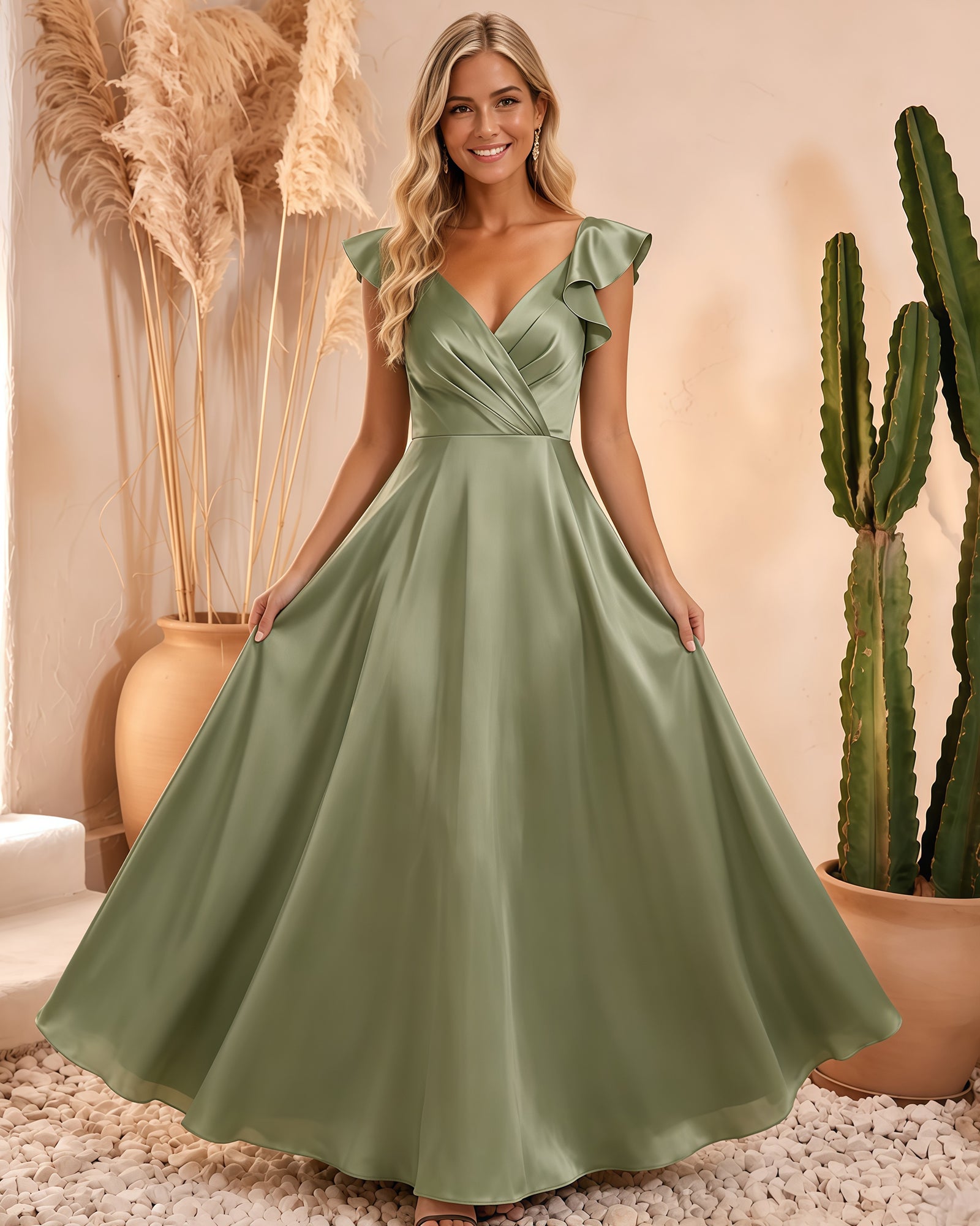 flutter sleeve v-neck satin a-line formal dress - back view