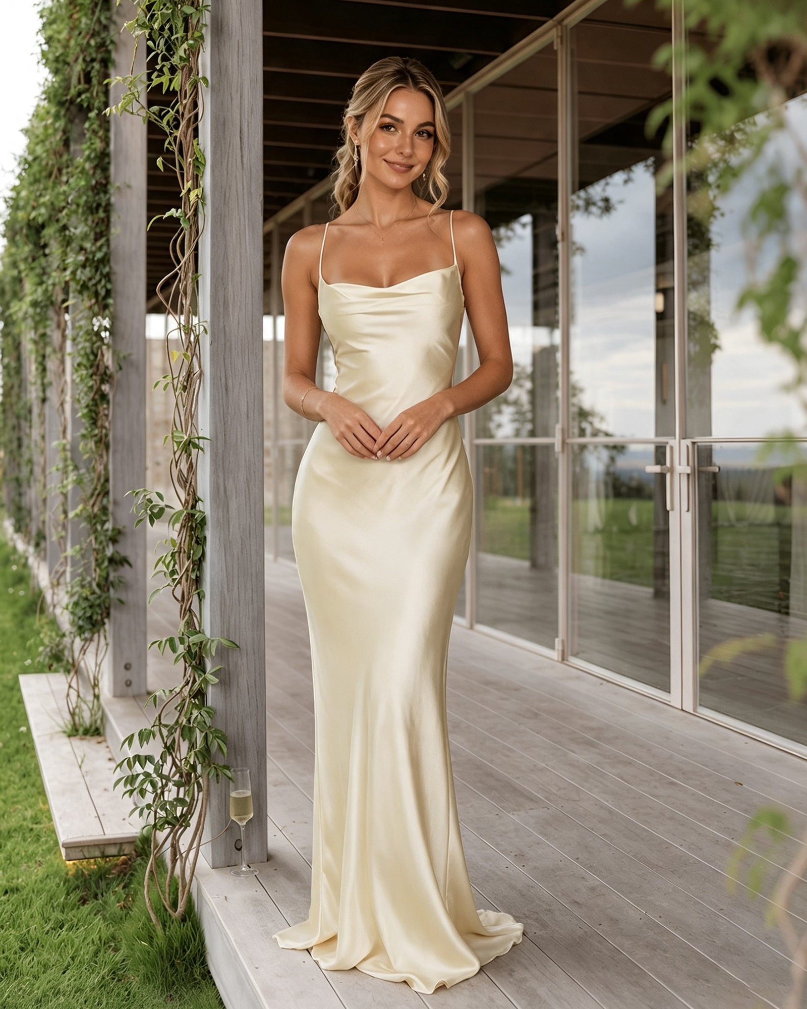 light yellow cowl neck satin bridesmaid dress with spaghetti straps and lace-up back - image 3