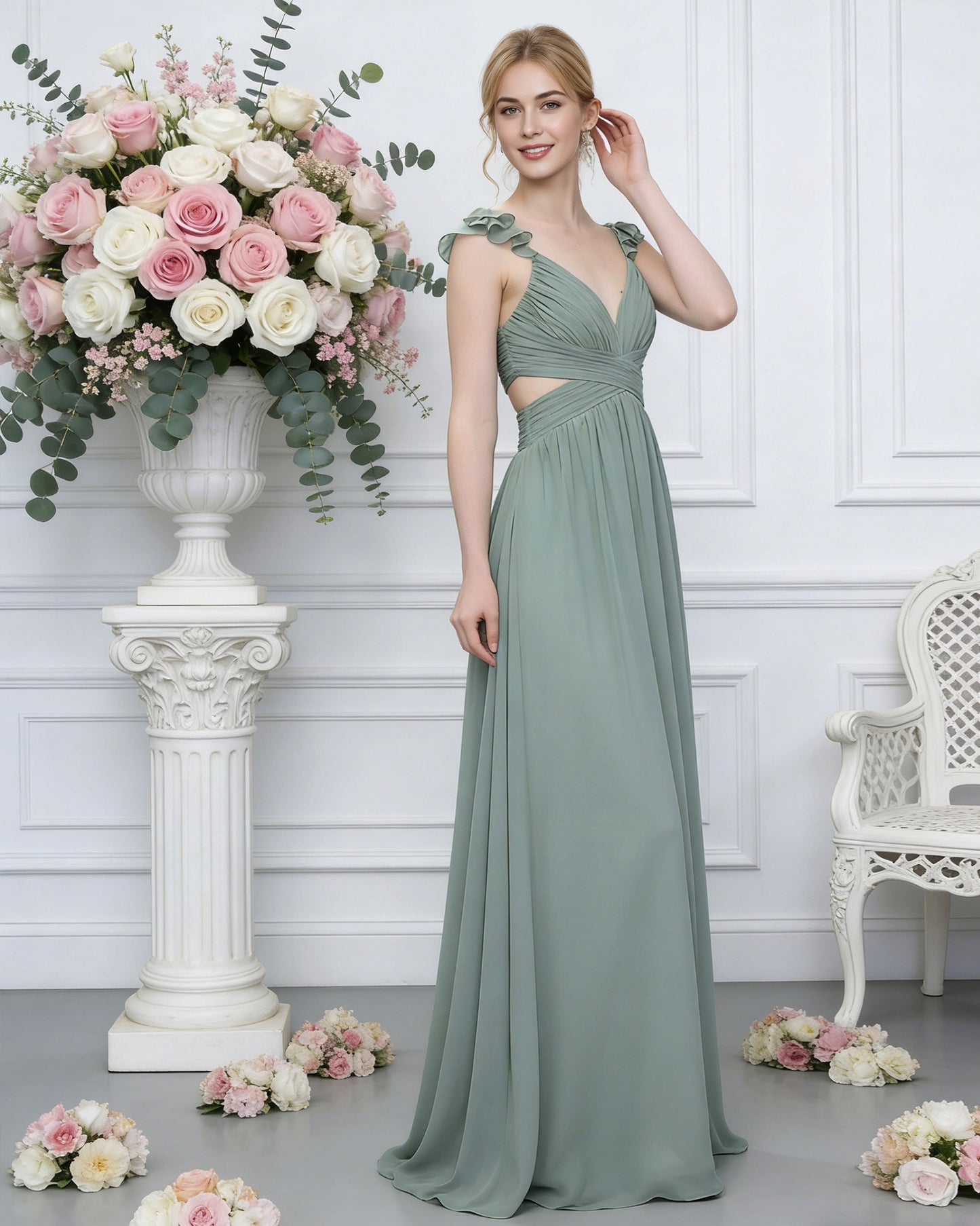 ruffle strap V-neck tulle bridesmaid dress with pleated waist - image 3