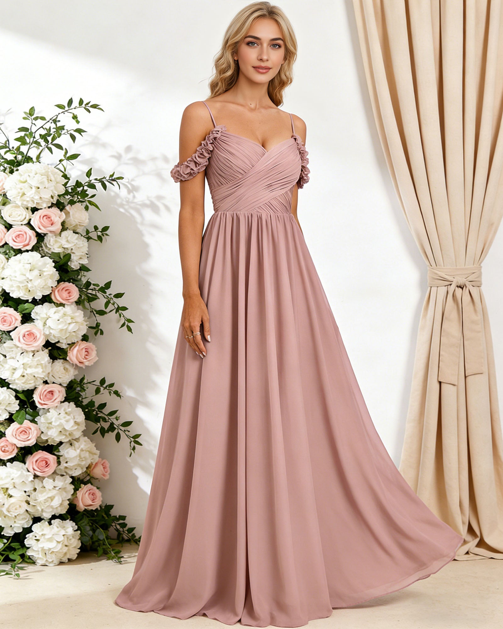 off shoulder lace applique bridesmaid dress with flowing chiffon dress - image 3