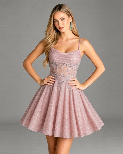 spaghetti strap lace corset glitter A-line homecoming dress - view 3