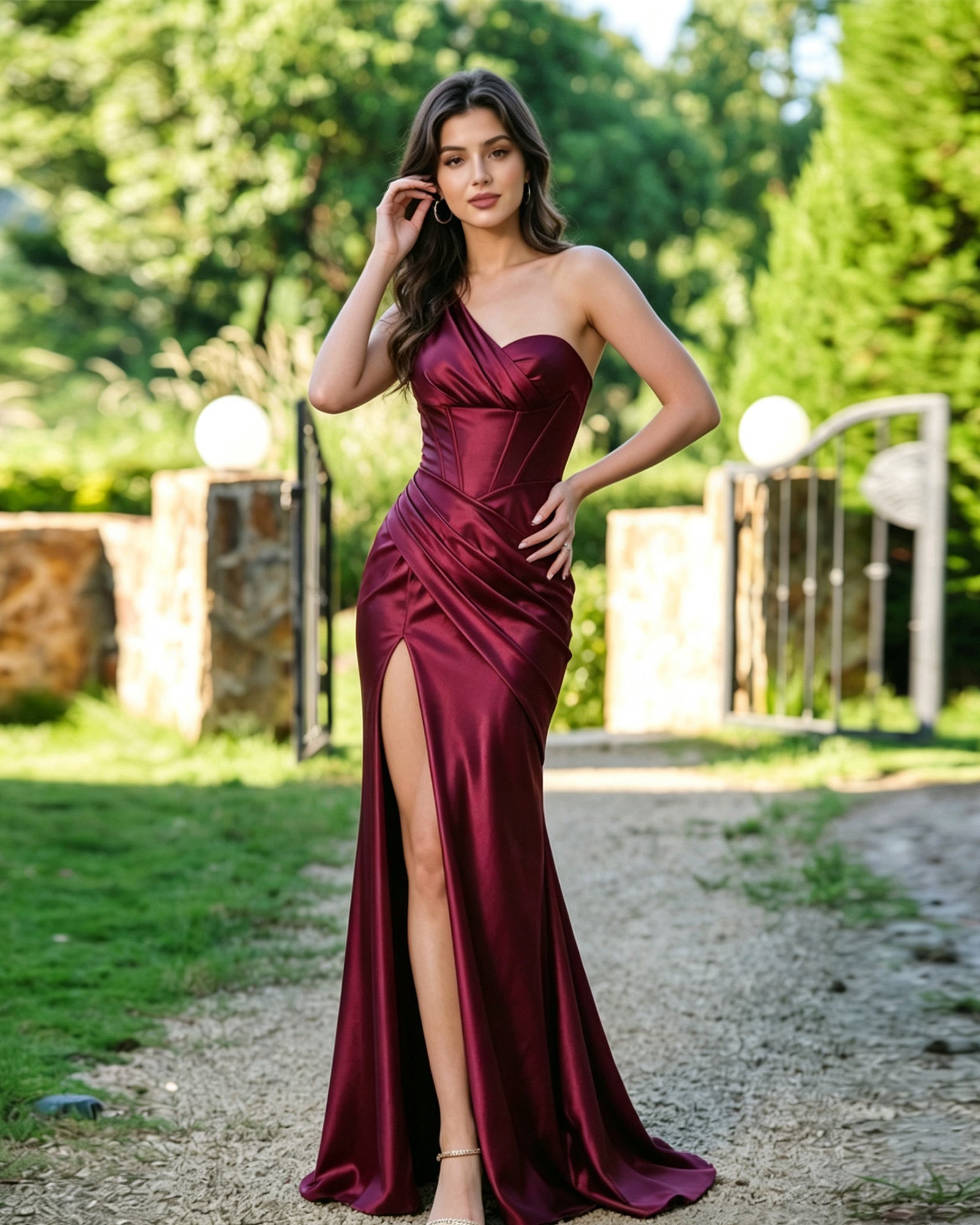 one shoulder satin formal dress with corset bodice and slit - image 3