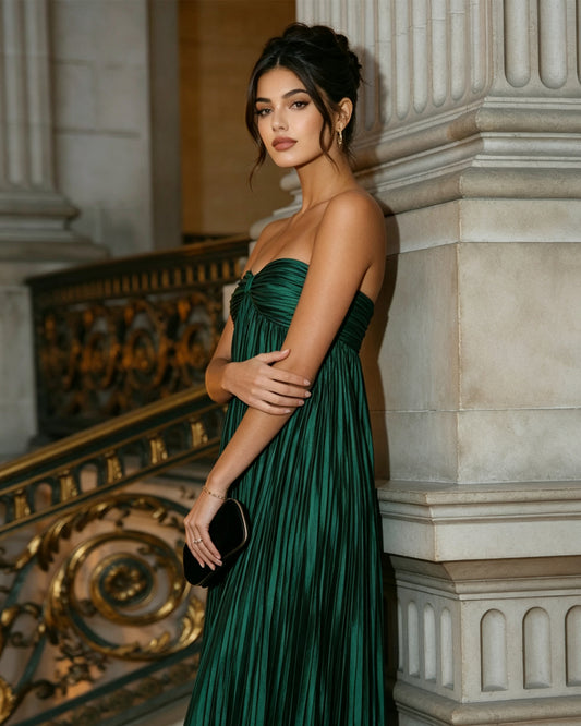 strapless pleated metallic formal dress with sweetheart bodice - image 2
