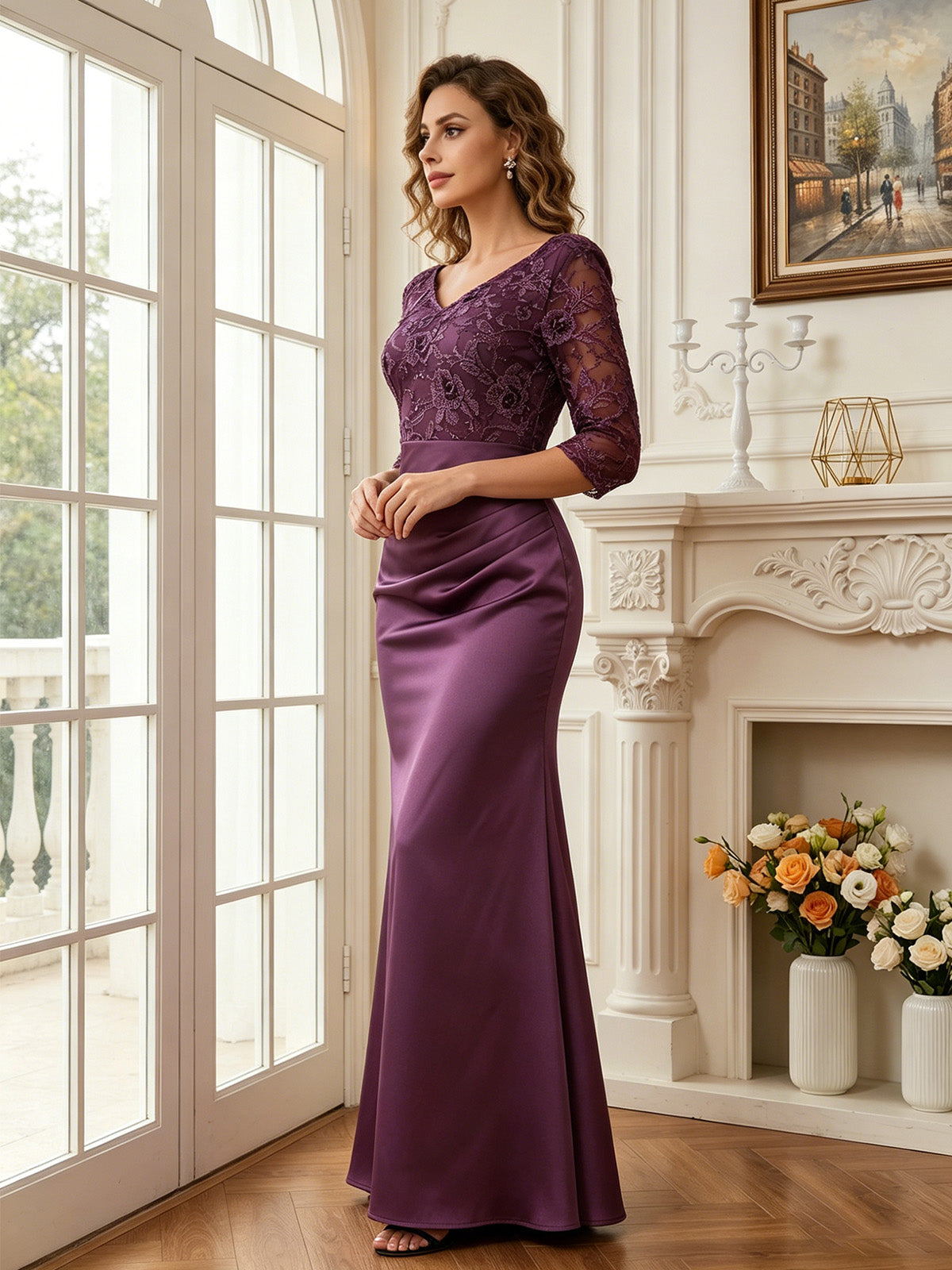 side view of floor length mermaid wedding guest gown with elegant lace sleeves