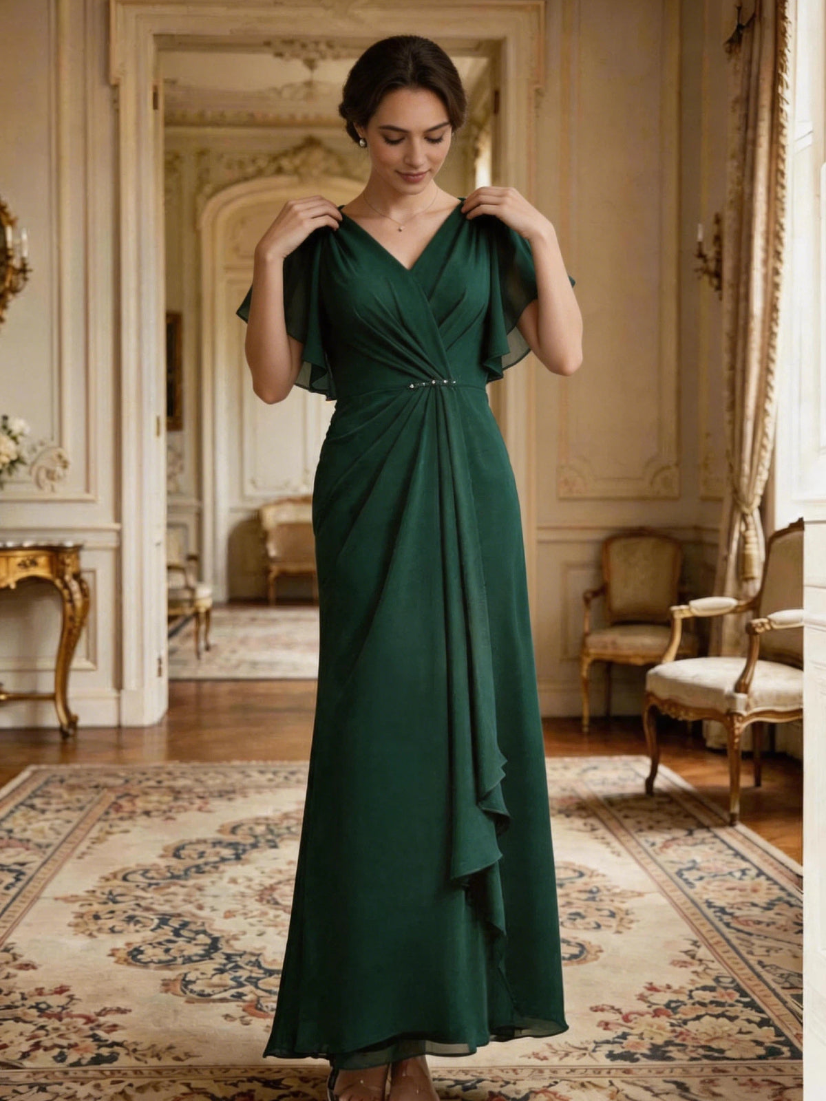 long chiffon mother of the bride A-line gown with V-neck, flutter sleeves, and beaded waist detail full outfit view for ceremony and reception styling