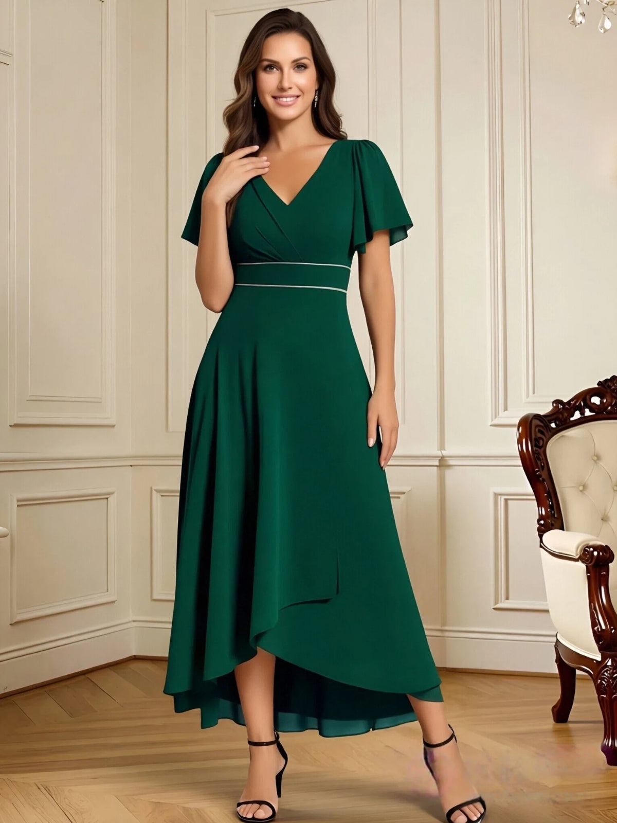 high low mother of the bride dress with V-neck, flutter sleeves, and flowing chiffon skirt full outfit view for ceremony and reception styling