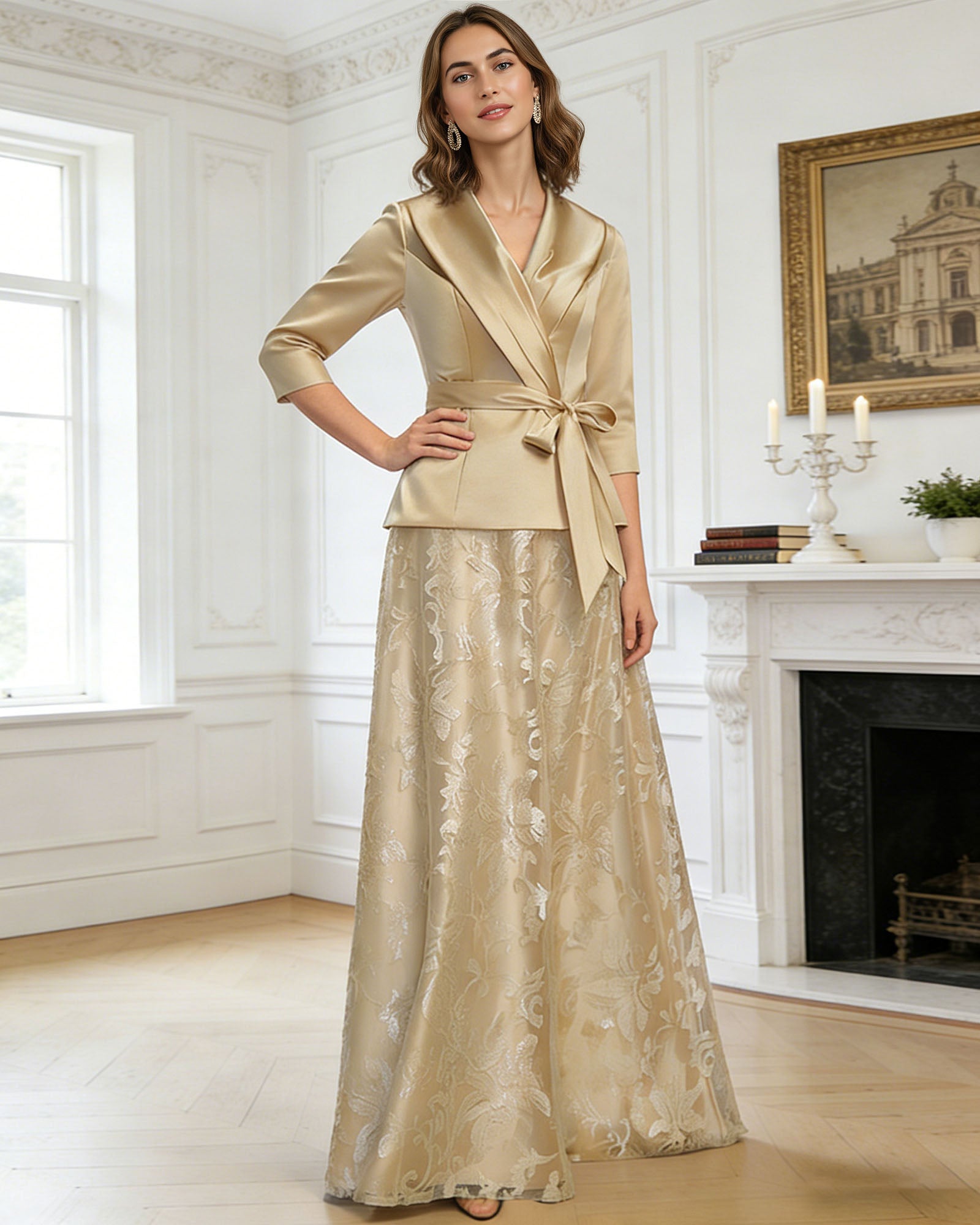two piece mother of the bride outfit with satin wrap top, waist tie, and embroidered floor length skirt full outfit view for ceremony and reception occasions