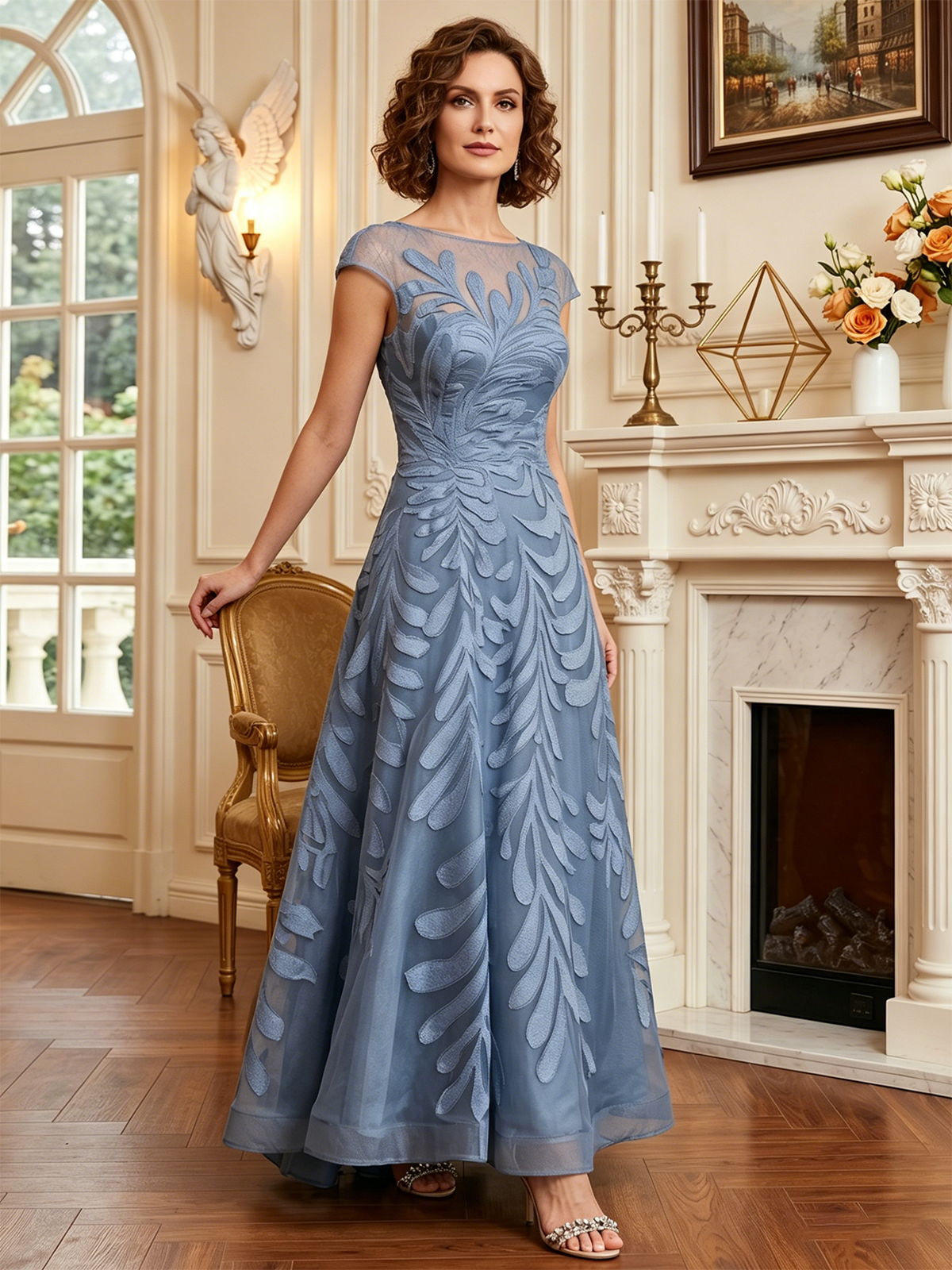 long embroidered tulle mother of the bride A-line dress with illusion neckline and cap sleeves full outfit view for ceremony and reception styling
